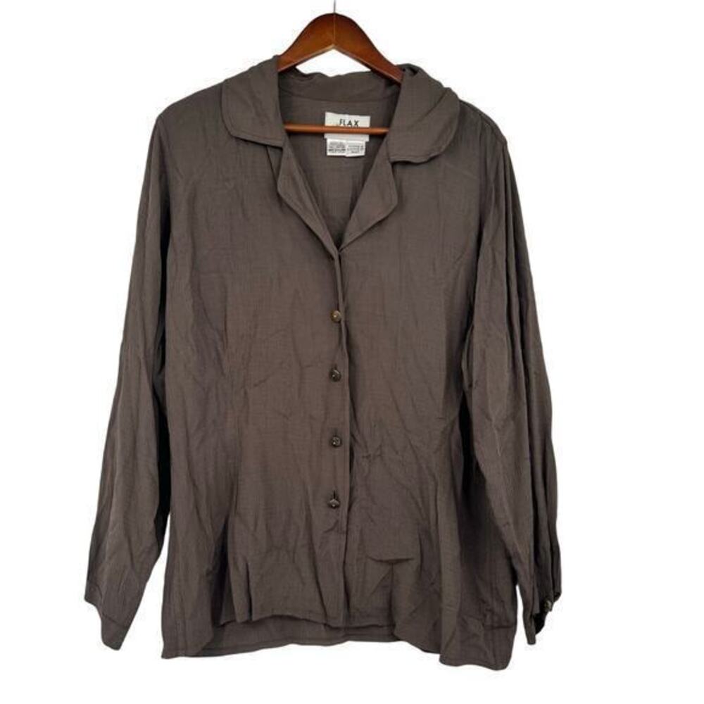 Flax brown button down front long sleeve blouse top collar 100% rayon sz medium
